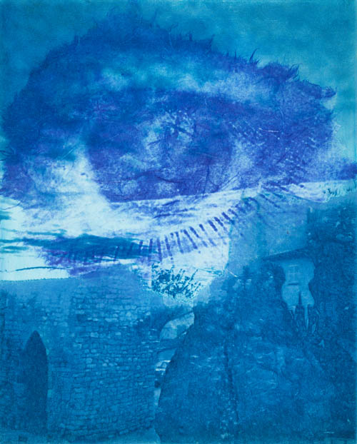 Amy Ernst - Within the Ancient Walls (Blue Clouds Over Ancient Walls) - 2014 unique solar plate etching with chine colle